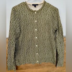 Lands' End Olive and Cream Leaf Cardigan